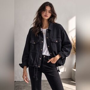 Sonoma Black Textured Drawstring Jean Jacket